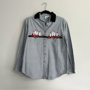 Casey & Max Striped Button-Down Shirt Corduroy Collar Christmas Candle Design
